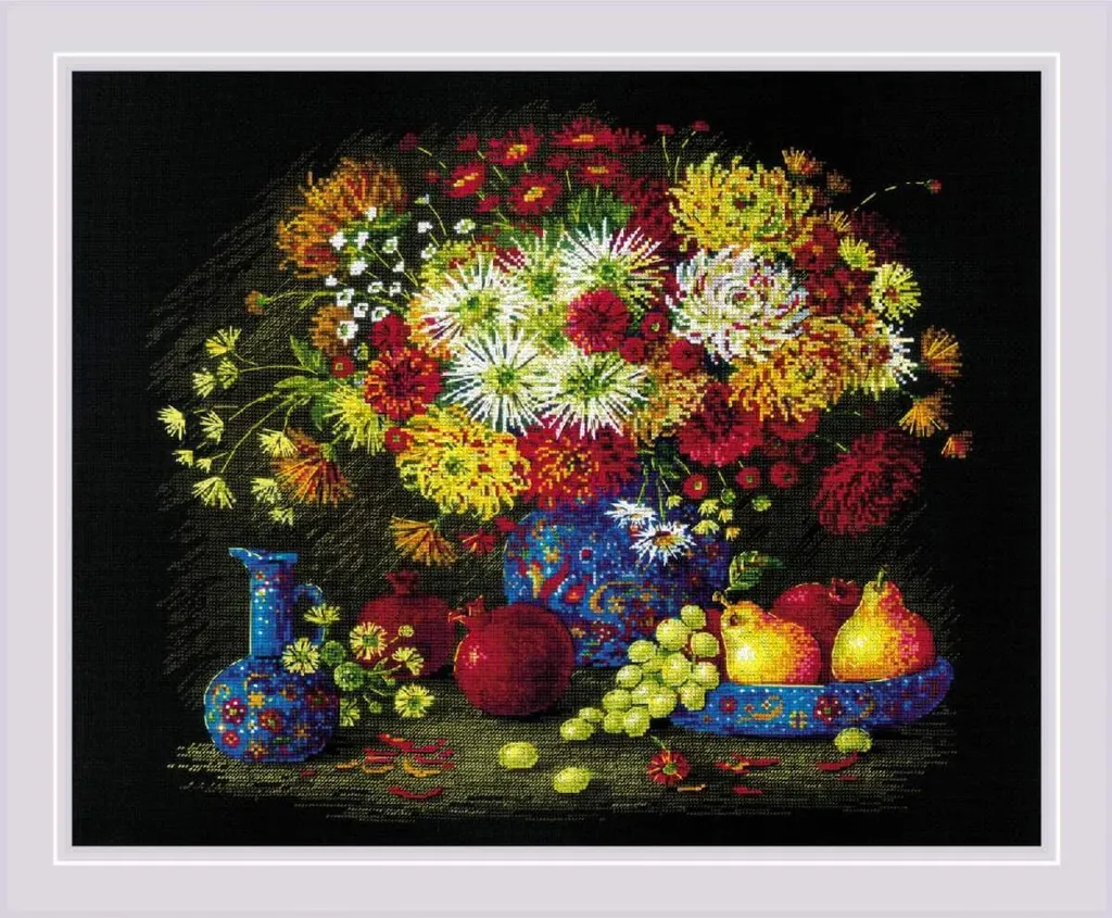 Kit Broderie Point Compté Chrysanthèmes Riolis Modèle 50x40 cm