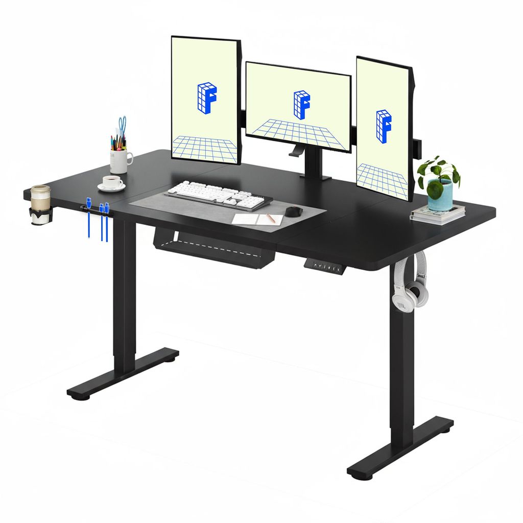FLEXISPOT QE1 Höhenverstellbarer Schreibtisch 160x60cm, 4 Memory-Funktion, Antikollisionsschutz, 70kg Tragkraft, Haken, Kabelmanagement(Schwarz)