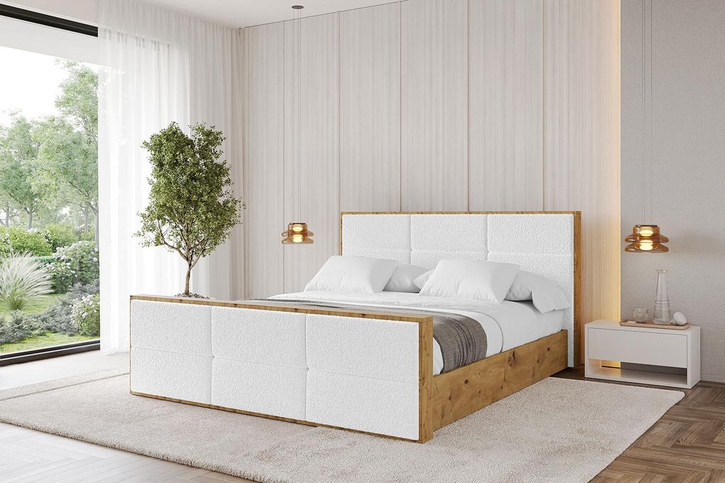 ALTDECOR Polsterbett mit Bettkasten - ENZO1-Z - 200x200 Weiß- Bett mit Kopfteil und Fußteil, Boxbett ohne Matratze, Doppelbett mit Stauraum