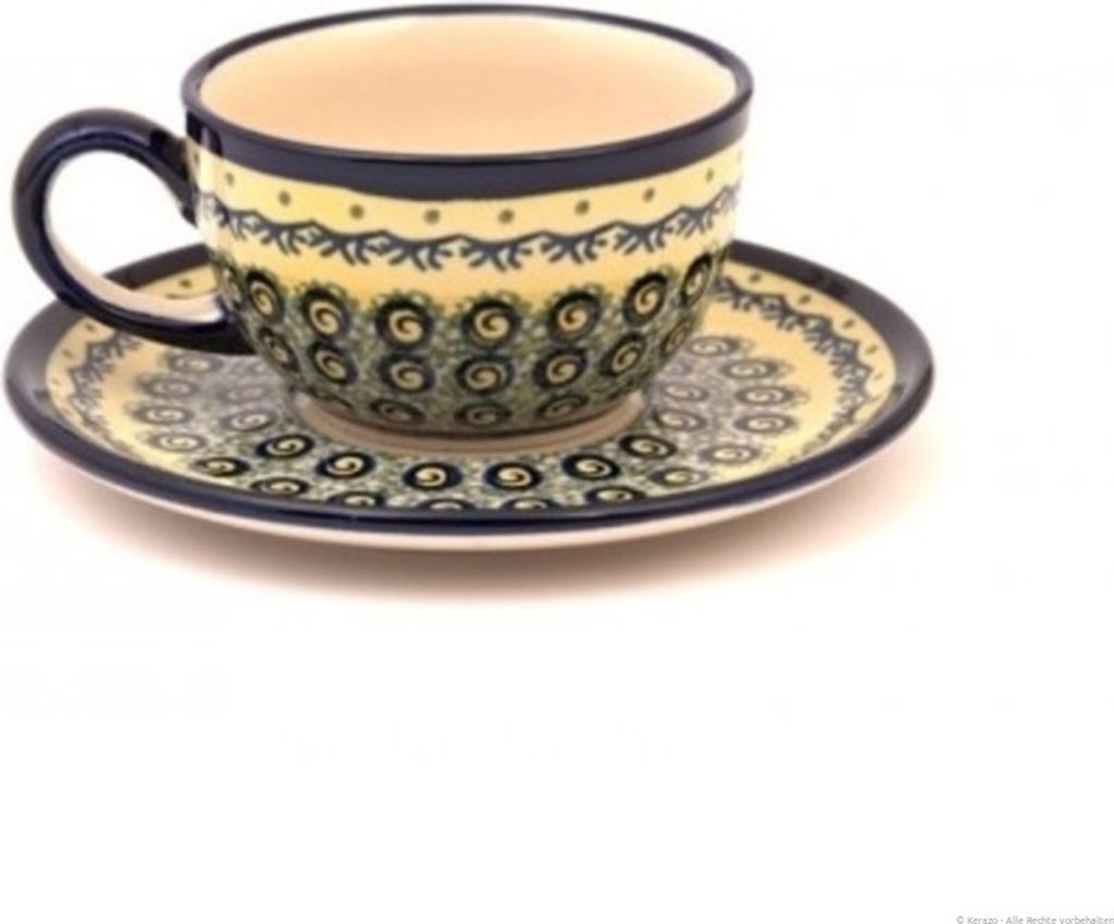 Original Bunzlauer Keramik Kaffeetasse Teetasse Ø9,8 cm klassisch 200 ml mit Unterschale Ø16 cm im Design DU1