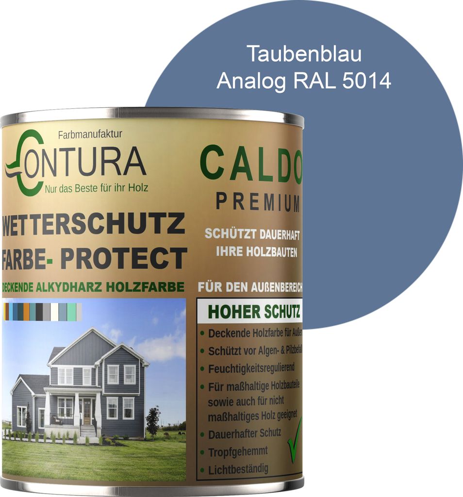 Contura 500ml Wetterschutzfarbe Holz Dauerschutzfarbe Deckend Buntlack Holzfarbe Holzlasur Seidenmatt - Taubenblau - RAL 5014 Analog
