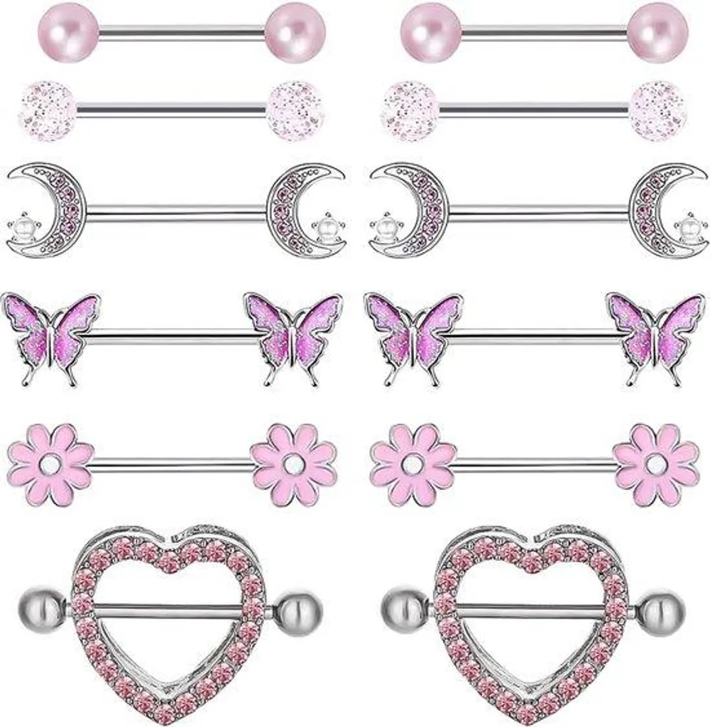 Piercing kit 12 pièces rose en acier - Bijoux inoxydables hypoallergène