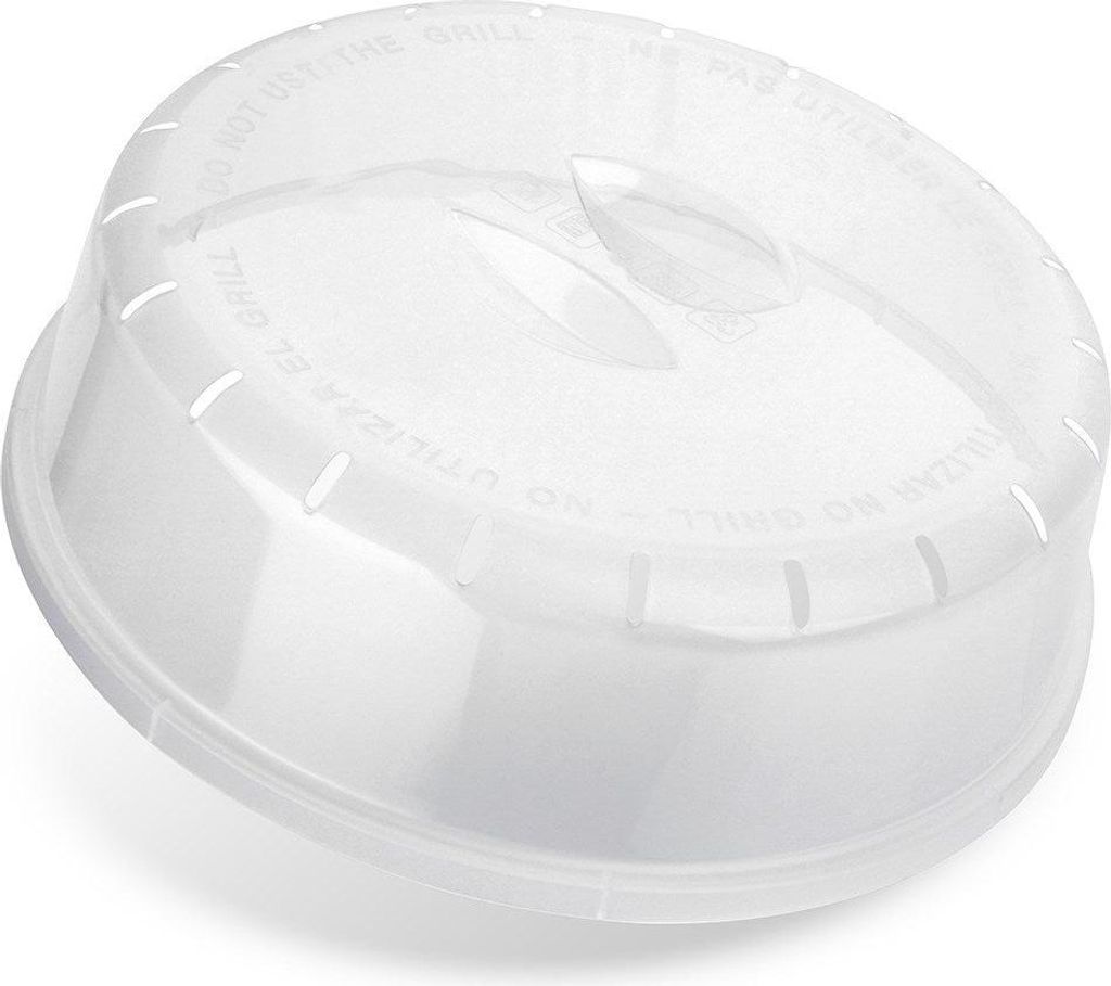 A clear plastic microwave lid with vents and text on it.
