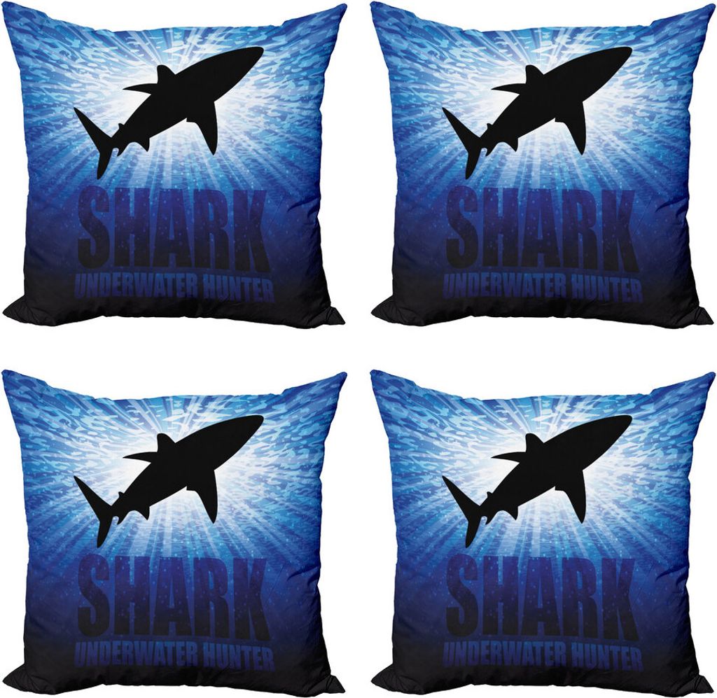 ABAKUHAUS Hai Kissenbezug Set (4 Stück), Underwater Hunter Gefahr, Moderner Doppelseitiger Digitaldruck, 60 cm x 60 cm, Royal Blue Schwarz