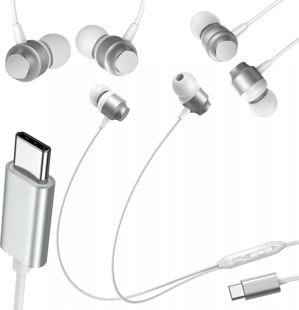 A collection of USB-C in-ear headphones and a USB-C connector on a white background.
