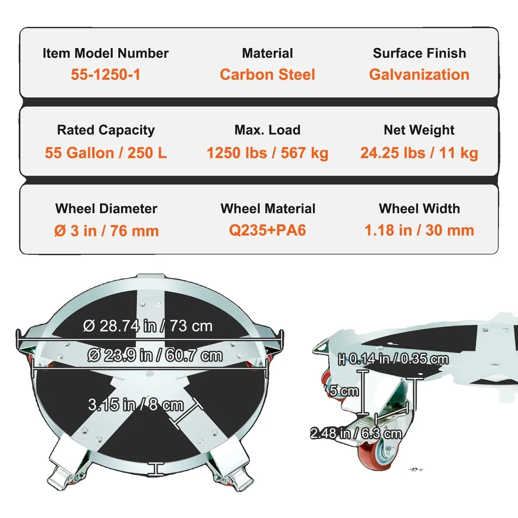 Chariot de transport pour fût robuste avec structure acier 1000 lb
