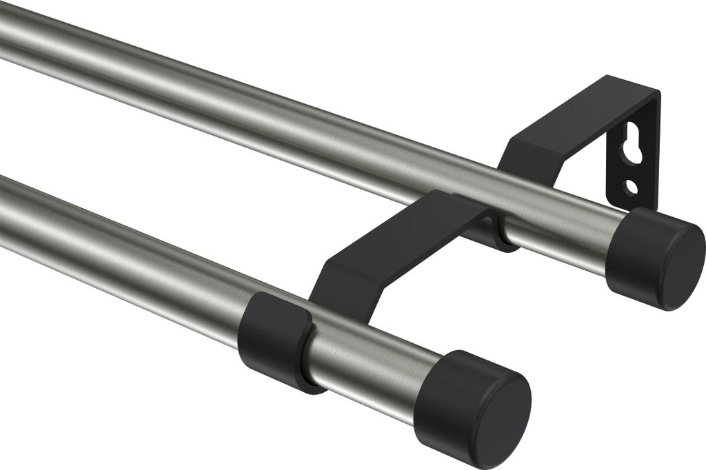 Interdeco Gardinenstange / Vorhangstange Edelstahl-Optik / Schwarz, Typ Olymp Lucan (Kappe), 16 mm Ø 2-läufig, 140 cm