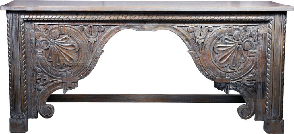 Orientalische Konsole Sideboard schmal Galib Grau 190cm | Orient Vintage Konsolentisch orientalisch handgeschnitzt | Landhaus Anrichte aus Holz mas...