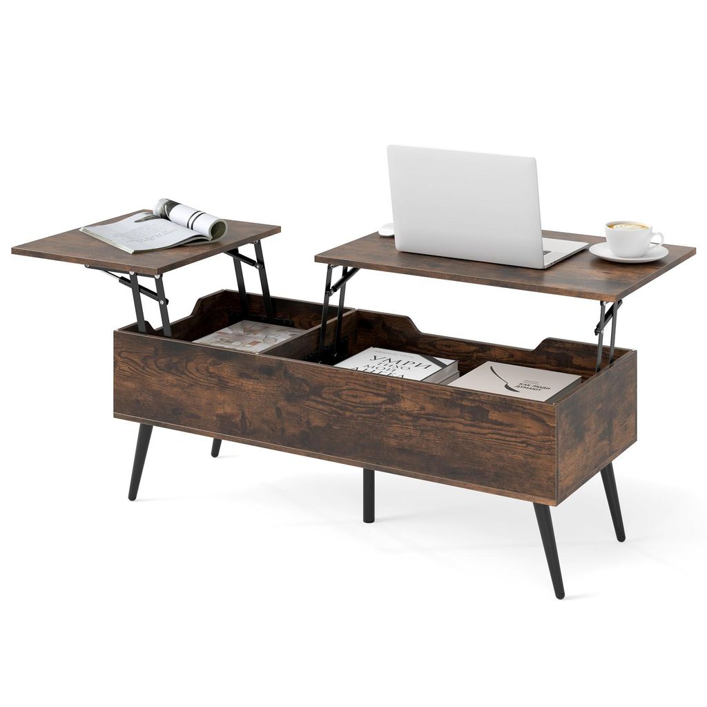 A lift-top coffee table with storage compartments, shown with a laptop and books.