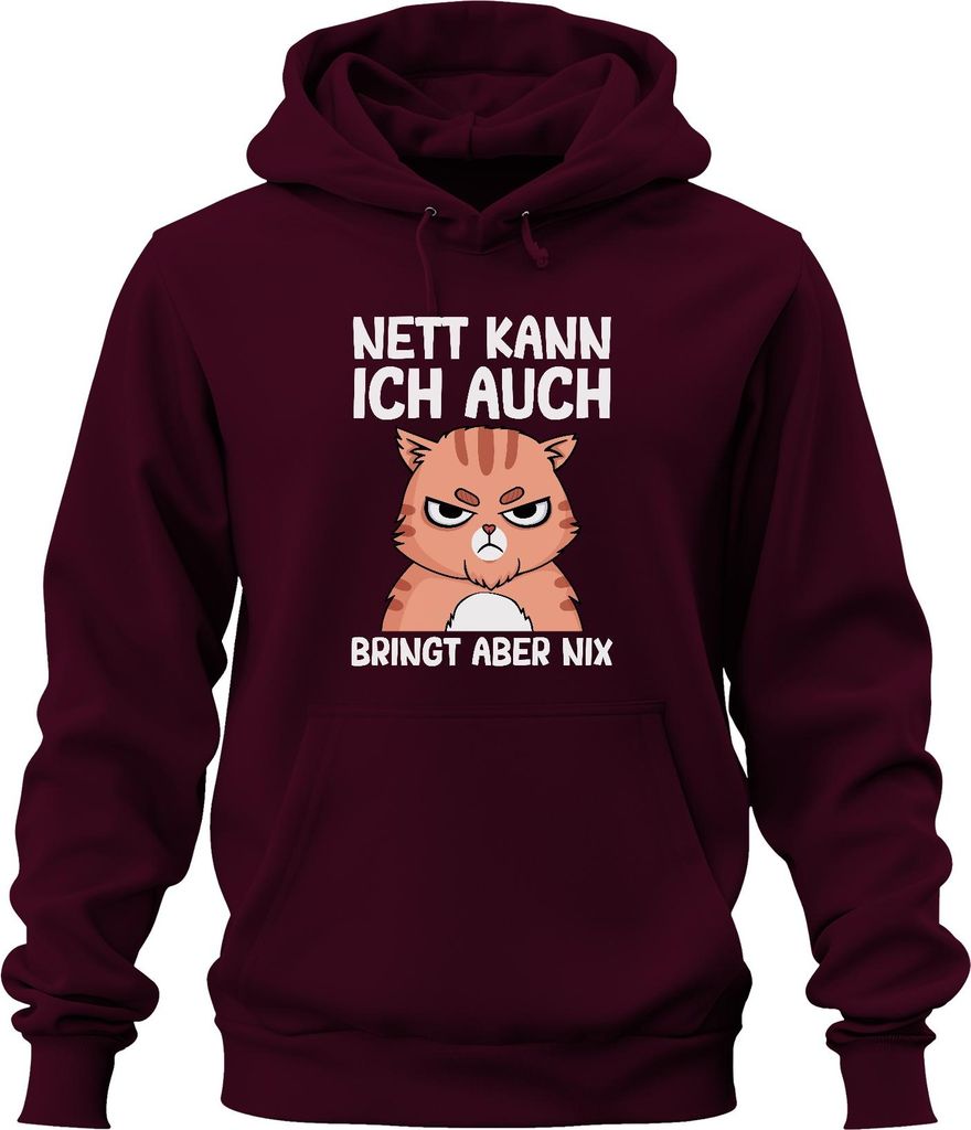 Nett kann ich auch lustiger Katzenspruch Cartoonkatze Humor Witz Uni Hoodie Kapuzenpullover, Burgundy, XXL