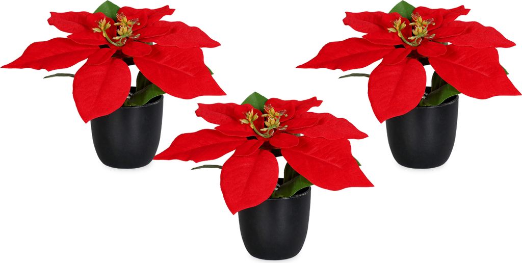 Three artificial poinsettia plants in black pots are arranged in a triangular formation against a white background.