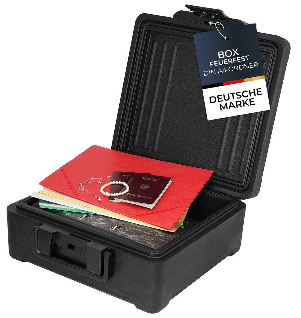 HMF Feuerfeste Wasserdichte Dokumentenbox für Ordner DIN A4/B4; 17 x39 x 36, 5 cm in Schwarz