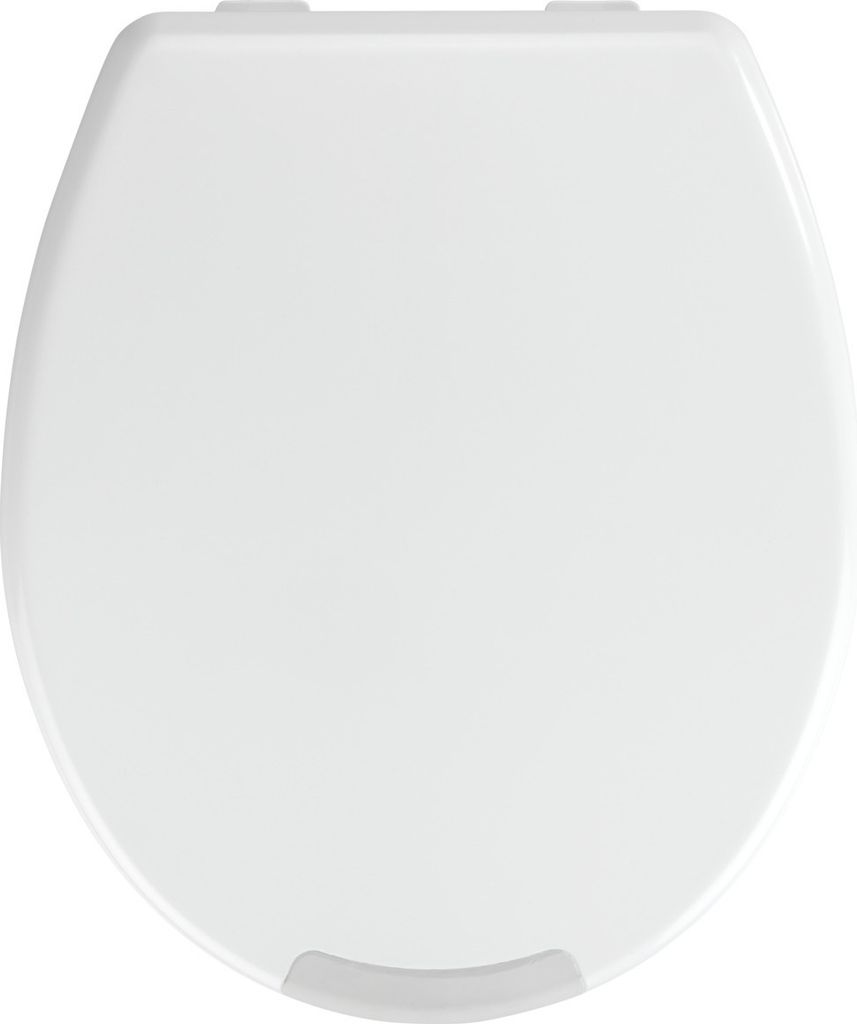 A top-down view of a closed white toilet seat.