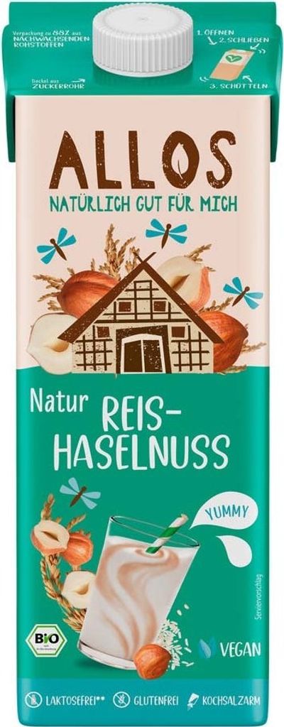 Allos Drink Reis-Haselnuss ungesüßt 1l, Reisdrink, 1000 ml, Wasser, Reis* (17%), HASELNÜSSE* (3%), Meersalz. enthält folgende allergene Zutaten...