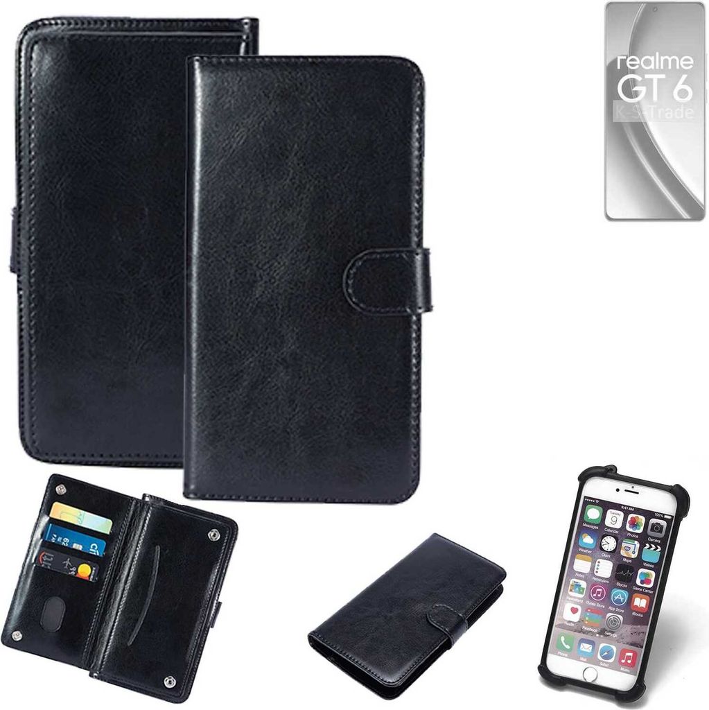 K-S-Trade 360° Hülle kompatibel mit Realme GT 6 Global schwarz Kunstleder Case BookCase WalletCase Kunstlederederhülle Handyhülle, Rundumschutz