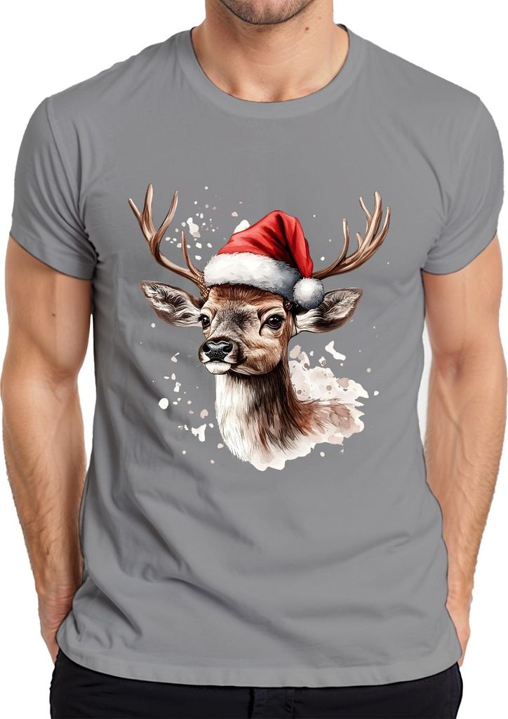Rentier Geweih Santa Weihnachten Aquarell Spritzer Geschenk Herren T-Shirt, Grau, S