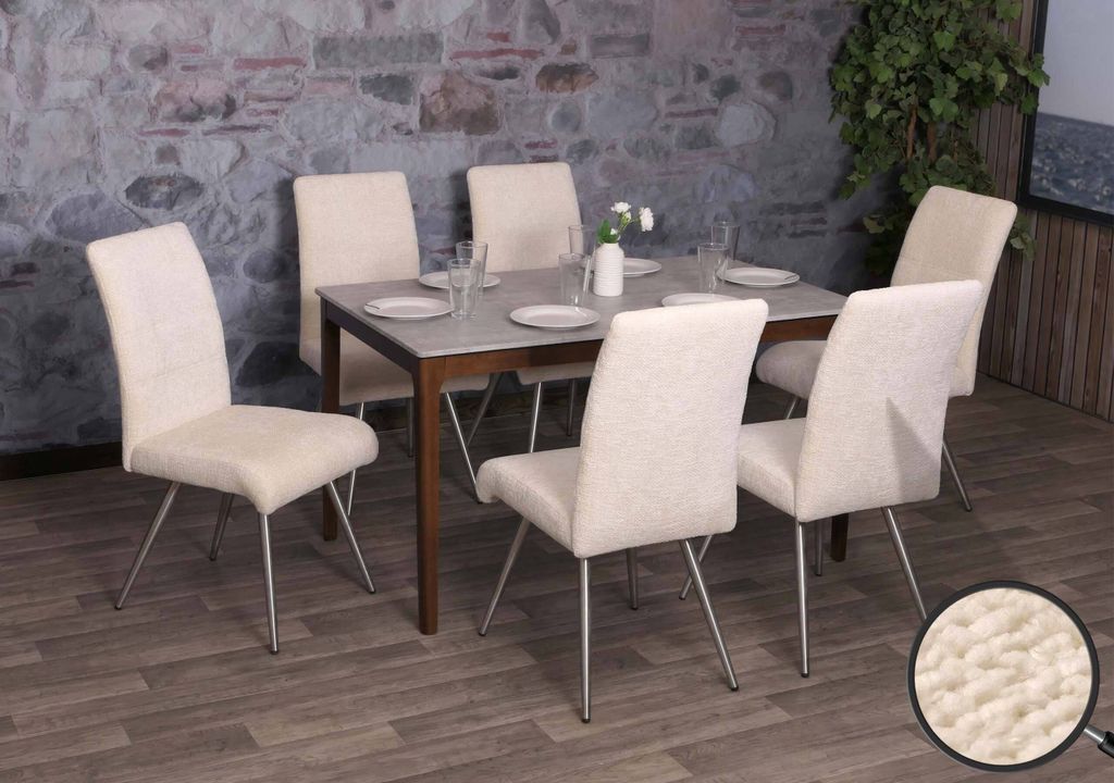6er-Set Esszimmerstuhl HWC-G55, Küchenstuhl Lehnstuhl, Edelstahl gebürstet Stoff/Textil Chenille creme