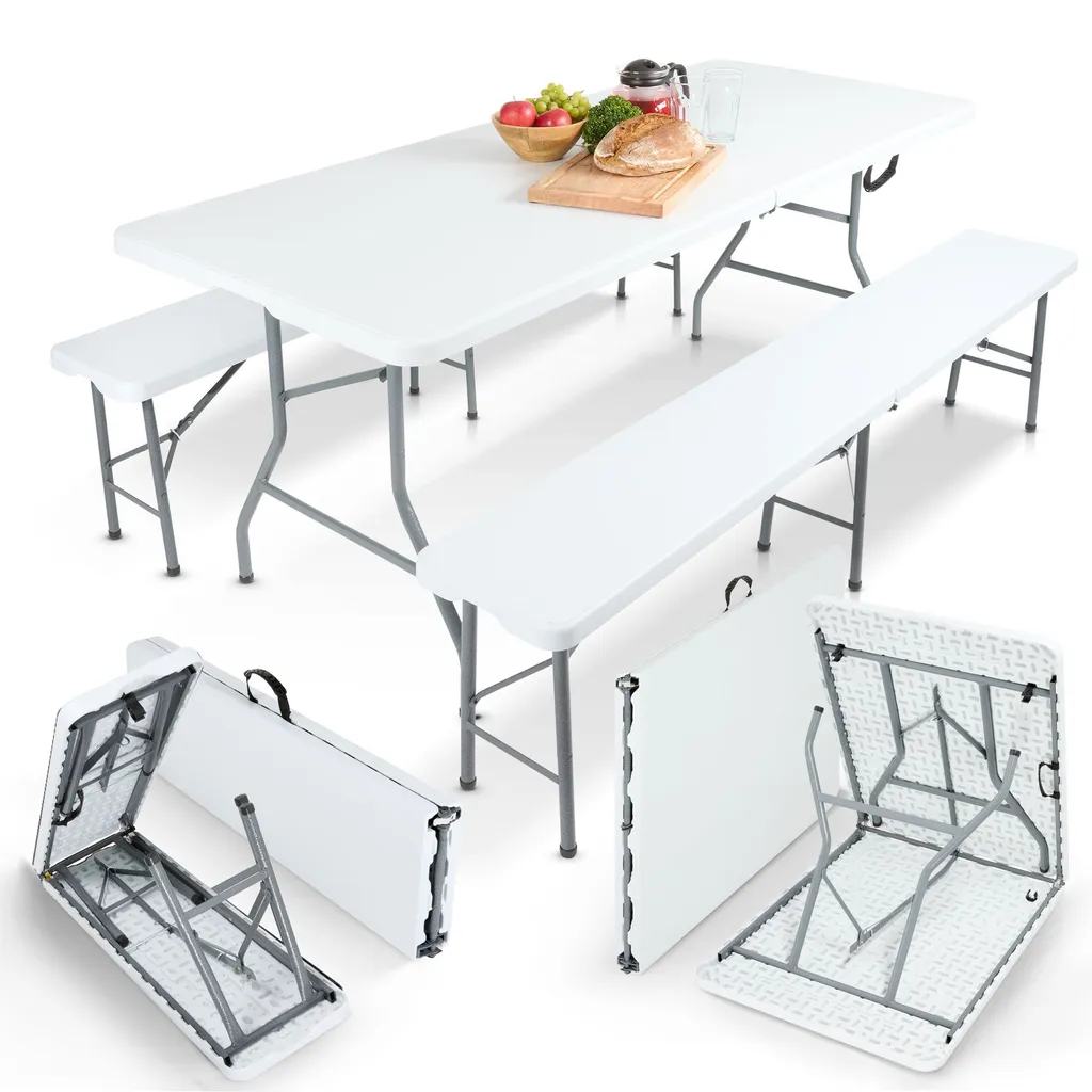 Ensemble Brasserie de Jardin 180cm Blanc - Table et 2 Bancs Pliants AREBOS