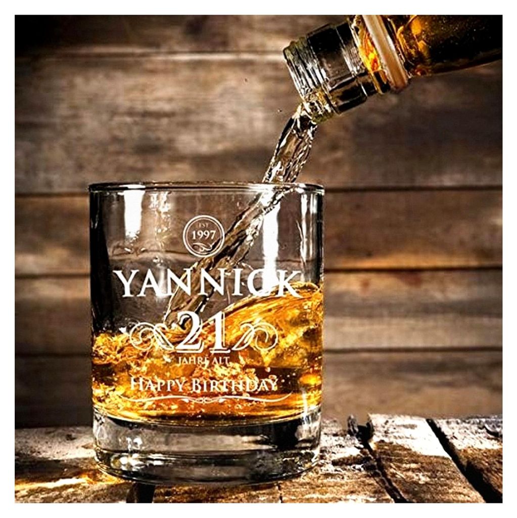 Whiskyglas mit Gravur zum Geburtstag, Elegant, Personalisierbar mit Namen, Jahr und Alter, Tumbler aus Klarglas, Geschenkideen für Männer, 320 ml