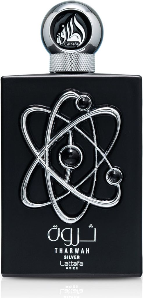 A black perfume bottle with a silver atom-like design and silver cap.