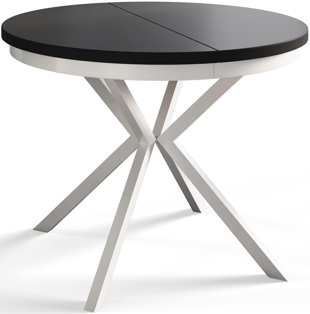 Esstisch Rund Bergo, Esstisch Ausziehbar 90-170 cm, Moderner Wohnzimmertisch, Schwarz mit Metallbeinen in Weiß