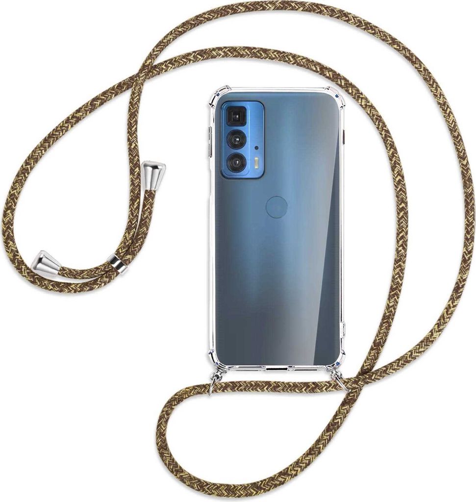 Handykette Backcover-Schutzhülle mit Band (Metall silberfarben) für Motorola Edge 20 Pro - braun+beige
