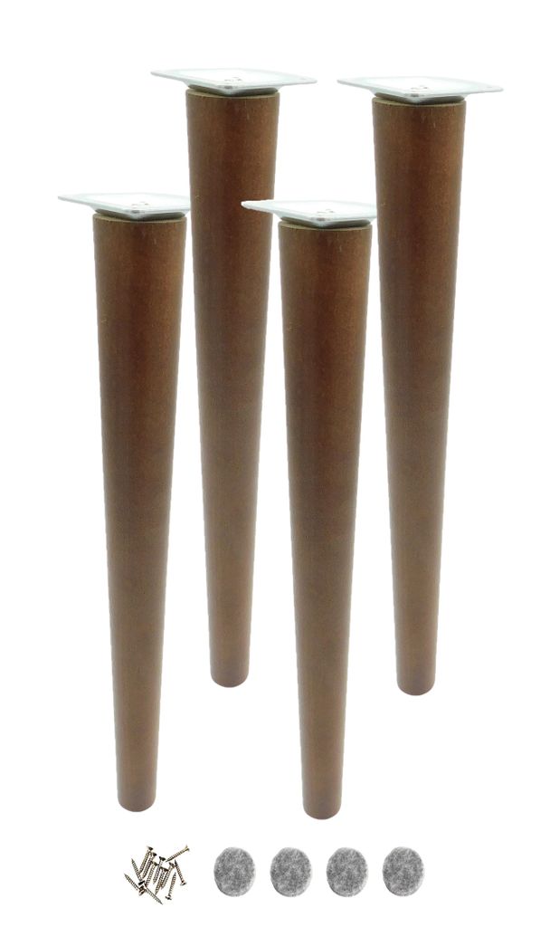 Four wooden furniture legs and a set of screws and felt pads are arranged on a white background.