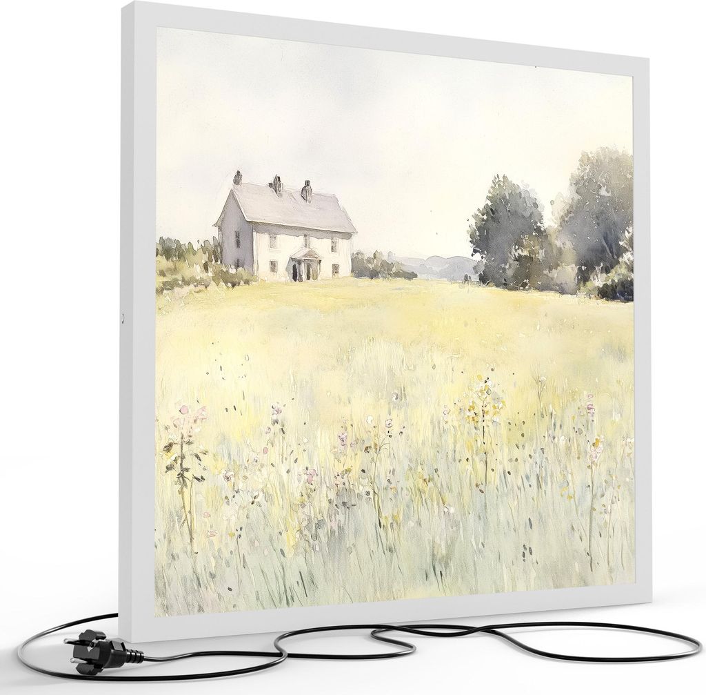 DEQORI LED-Bild & Lampe 60x60 cm Weiß 'Landhaus in Morgensonne' Leuchtbild LED Leuchte