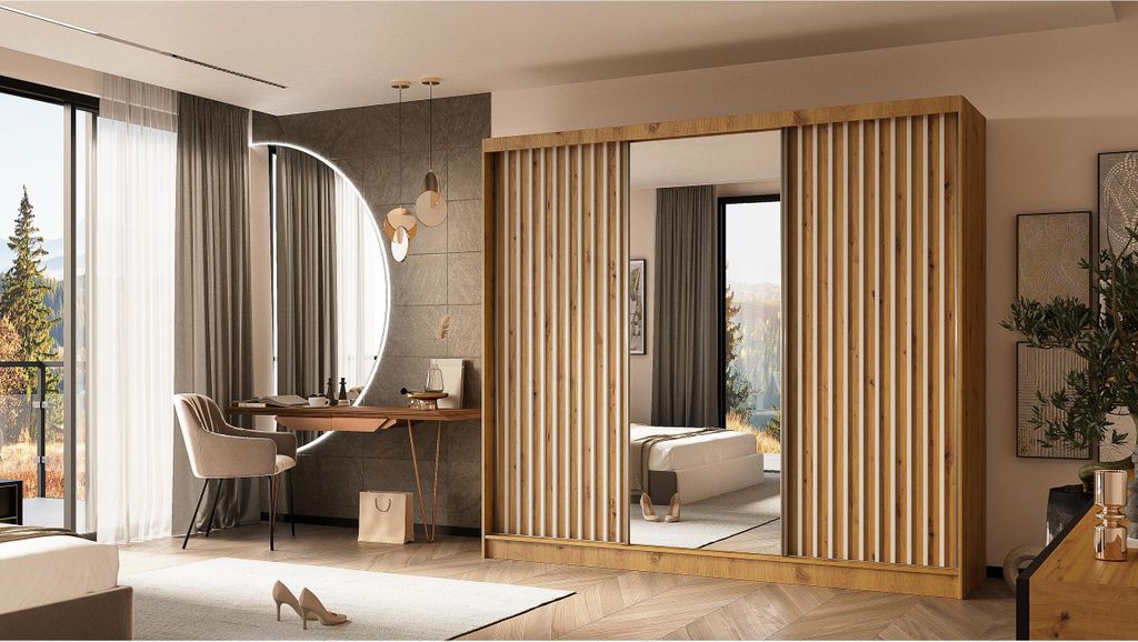 Kleiderschrank mit Lamellen und Spiegel LARA 240 cm Eiche Artisan Schiebekleiderschrank mit weißen Lamellen an der Front Glatter dreitüriger Klei...