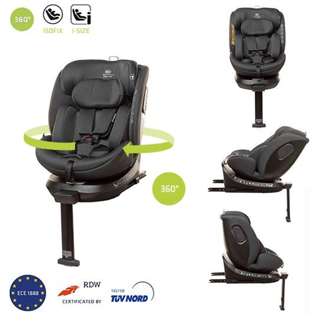Collage of images showing a black car seat from different angles and highlighting its 360-degree rotation feature.