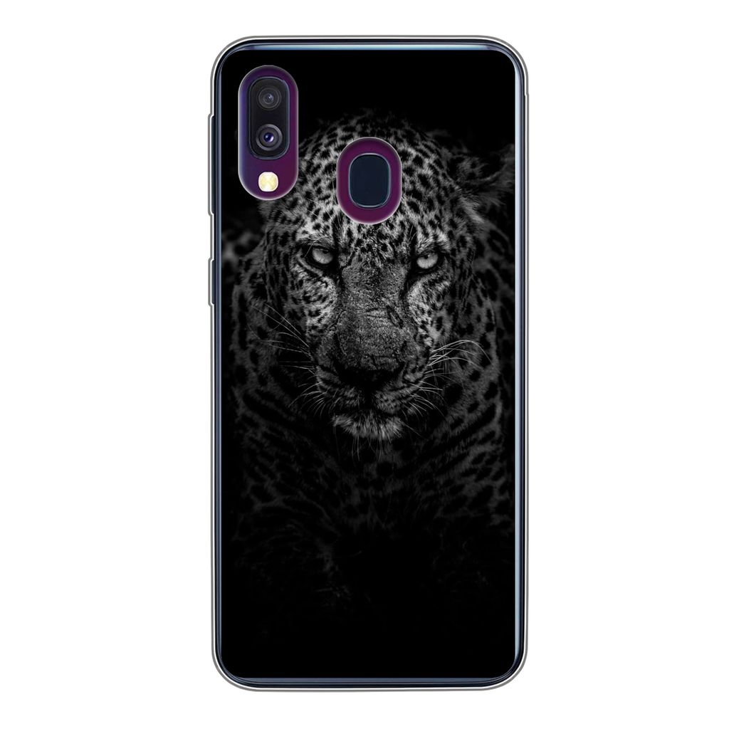 MuchoWow Handyhülle Schutzhülle Hülle für Samsung Galaxy A40 Leopard - Schwarz - Weiß Silikon Softcase Handy Hülle - Handy-Tasche