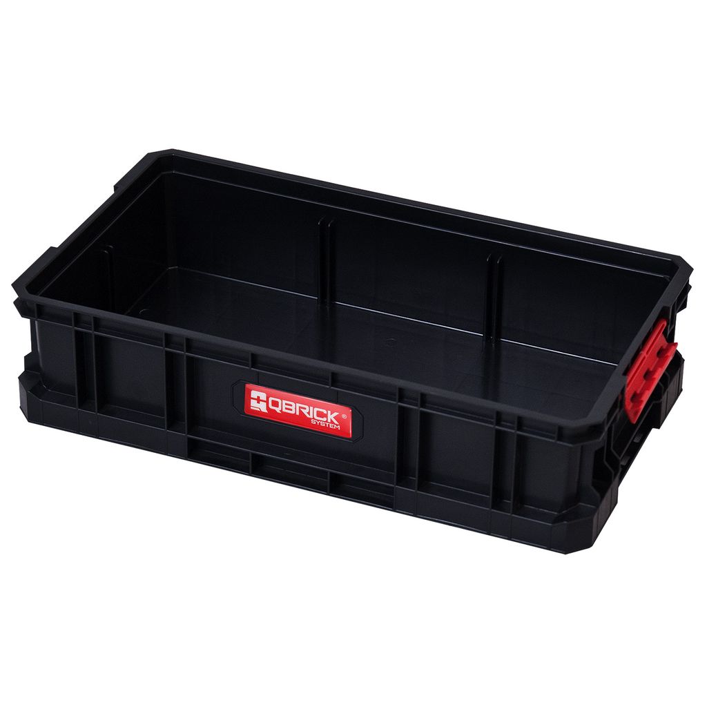 A black Qbrick System toolbox with red handles and a logo on a white background.