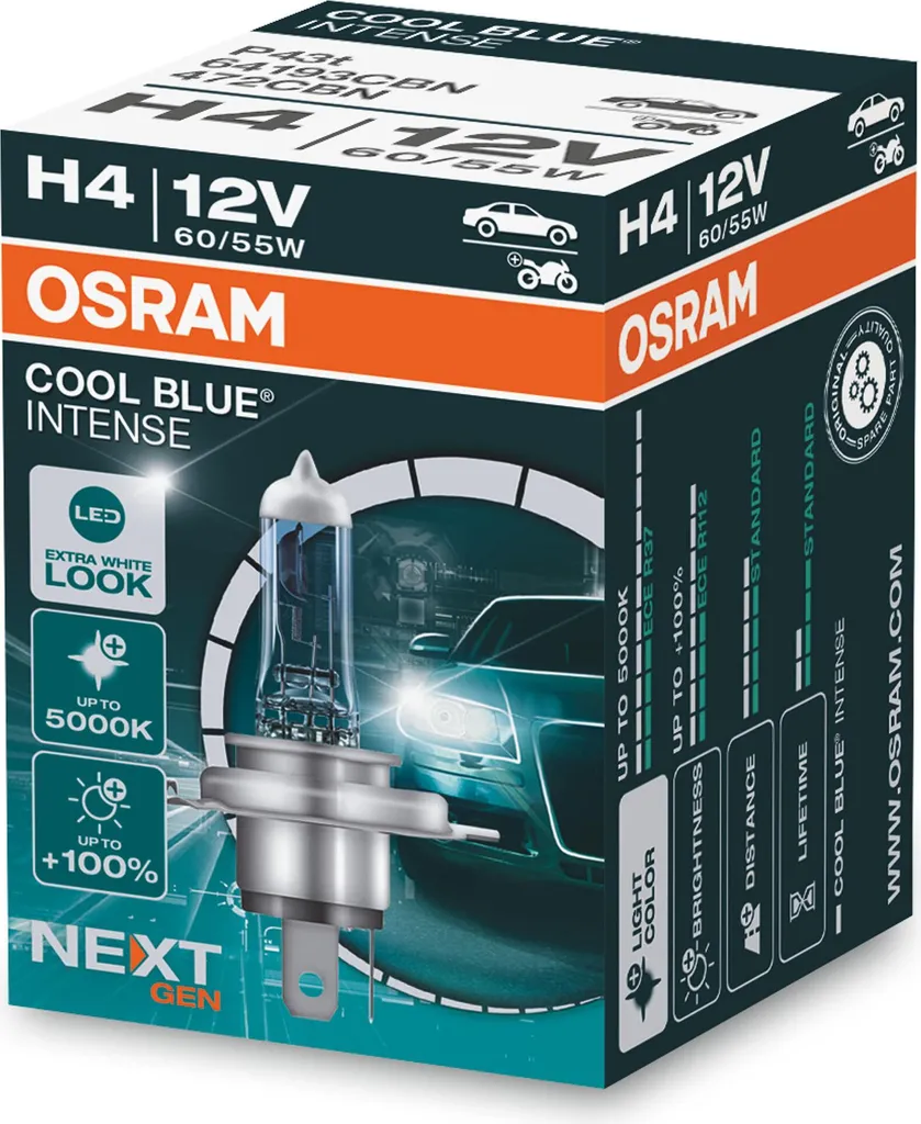 OSRAM Cool Blue Intense NextGen H4: Lampada Alogena 5000K Effetto LED