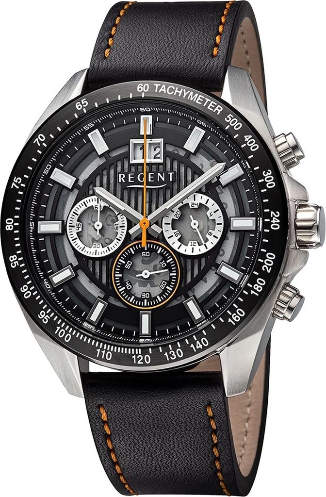Regent Leder Herren Uhr Armbanduhr Quarz schwarz orange Lederarmband D2URBA828