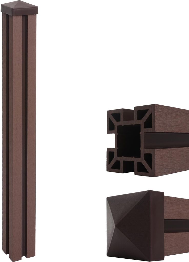 A product image showing a brown WPC fence post and its cross-section.