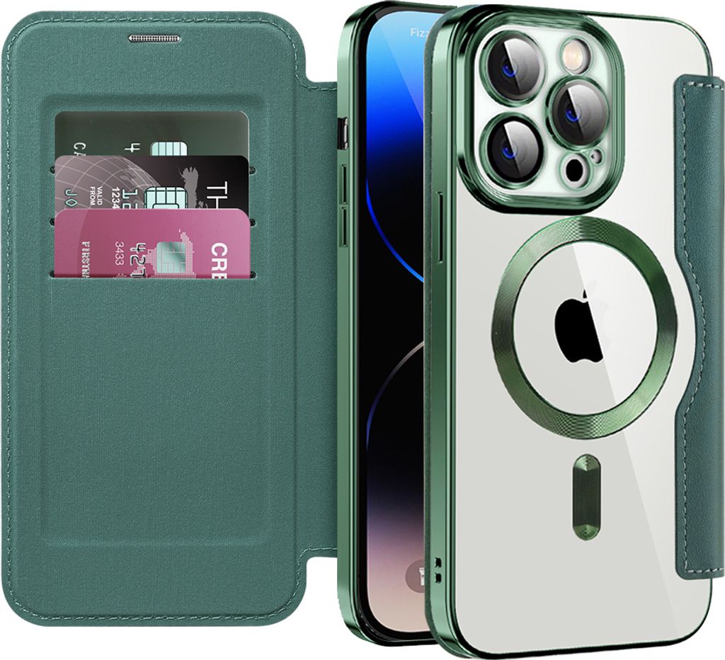 Klapphülle für iPhone 14 Pro Kompatibel mit Magsafe, Klar Überzug Kartenhalter Ledertasche mit Kameraschutz Grün