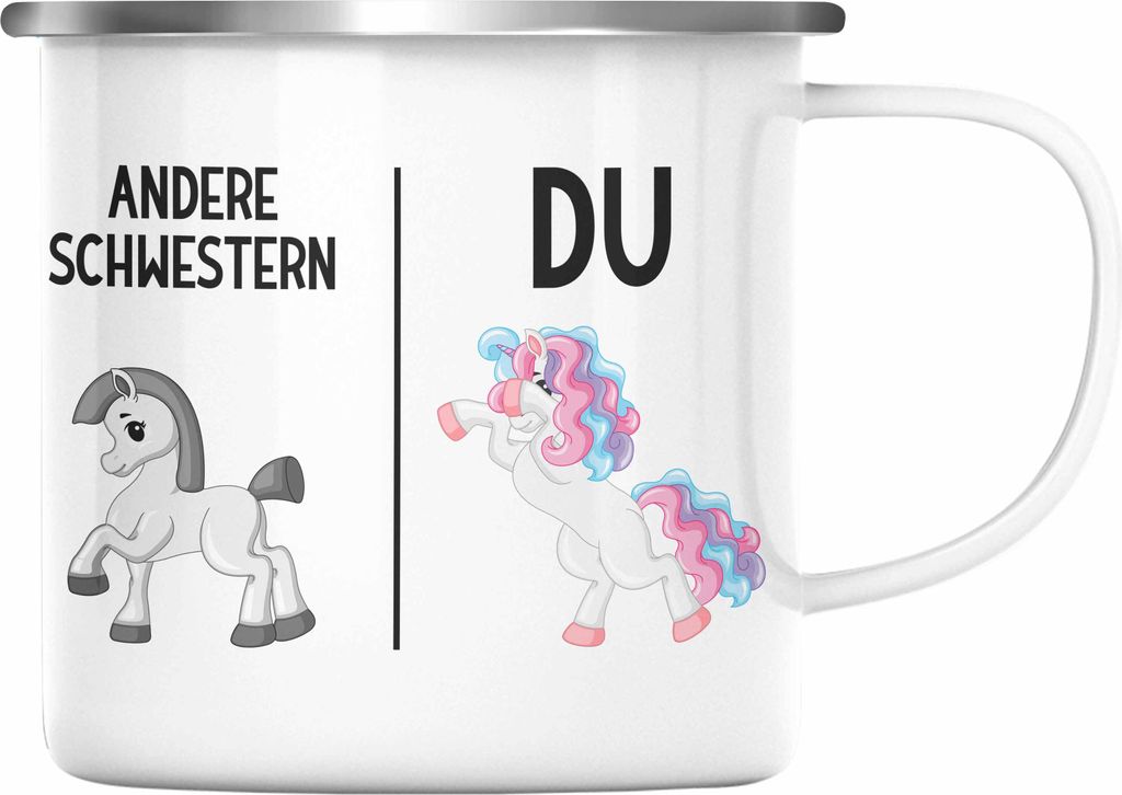 Trendation - Schwester Geschenk Geburtstag Emaille Tasse Geschenkideen Emaille Tassen mit Spruch für Beste Schwester (Silber)