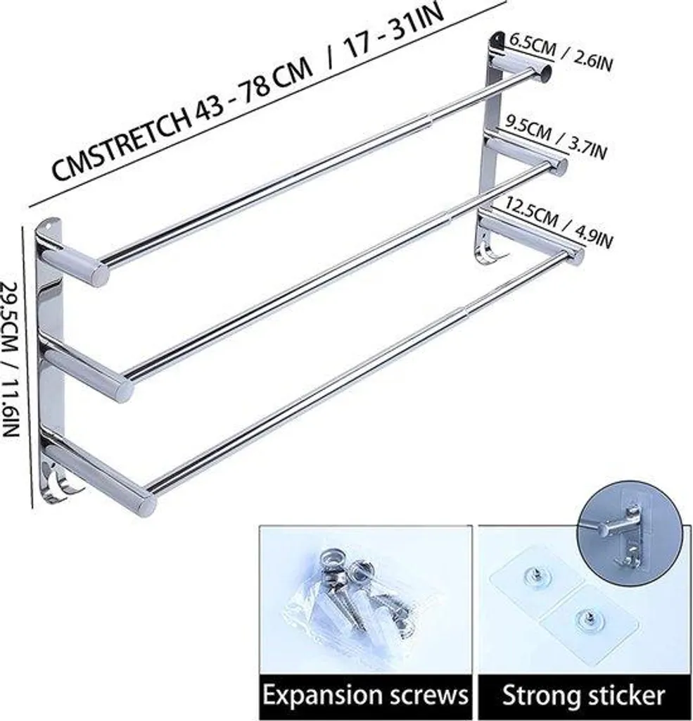 Porte-serviettes extensible 43-78 cm en acier inox argenté à 3 rangs