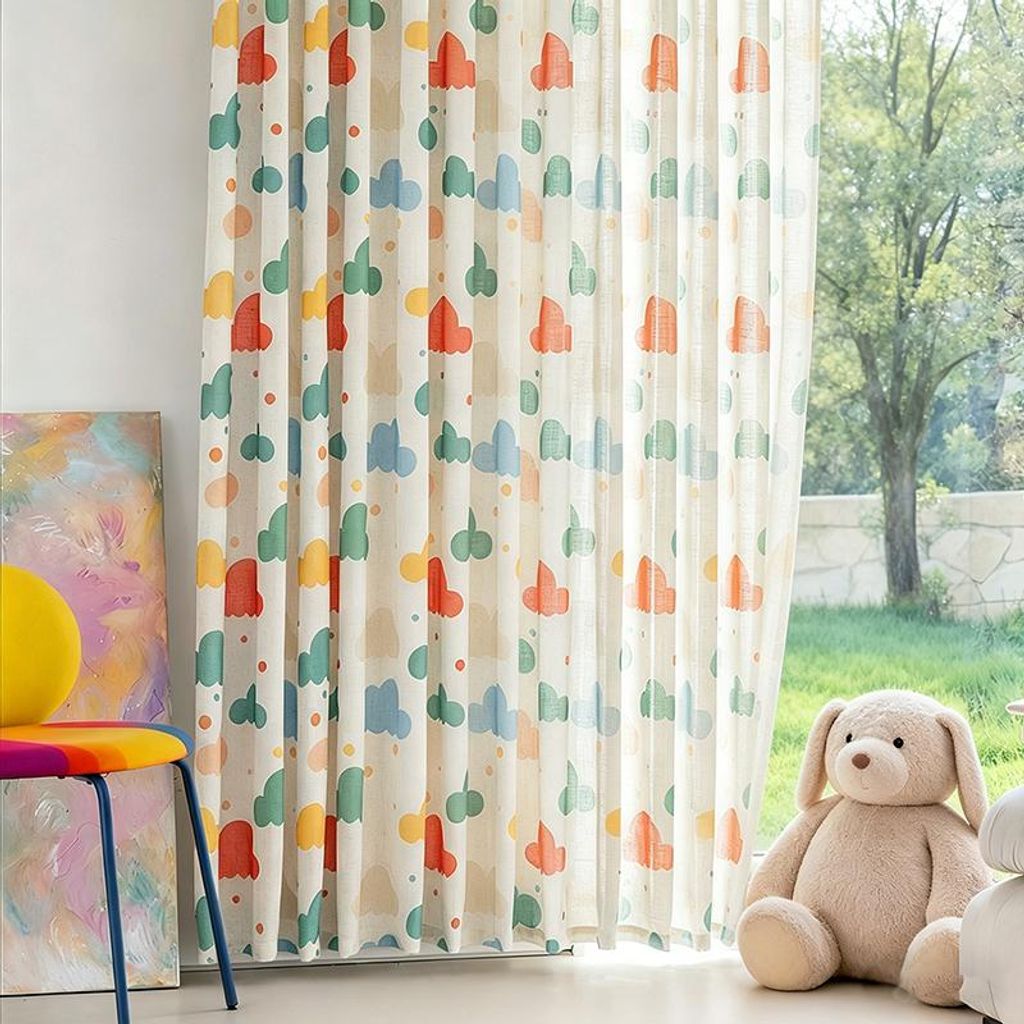 2 Stück Vorhänge Leinenoptik Bunt Wolkenmuster Lichtfilterung Gardinen Multifunktionsband für Kinderzimmer Schlafzimmer, B132xH175cm