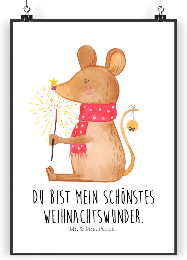 Mr. & Mrs. Panda Bild Maus Weihnachten DIN A5 - Weiß - Geschenk, wanddeko, wandkunst, Weihnachtsgruß, Wandbild, Weihnachtsmotiv, kunstdruck poste...