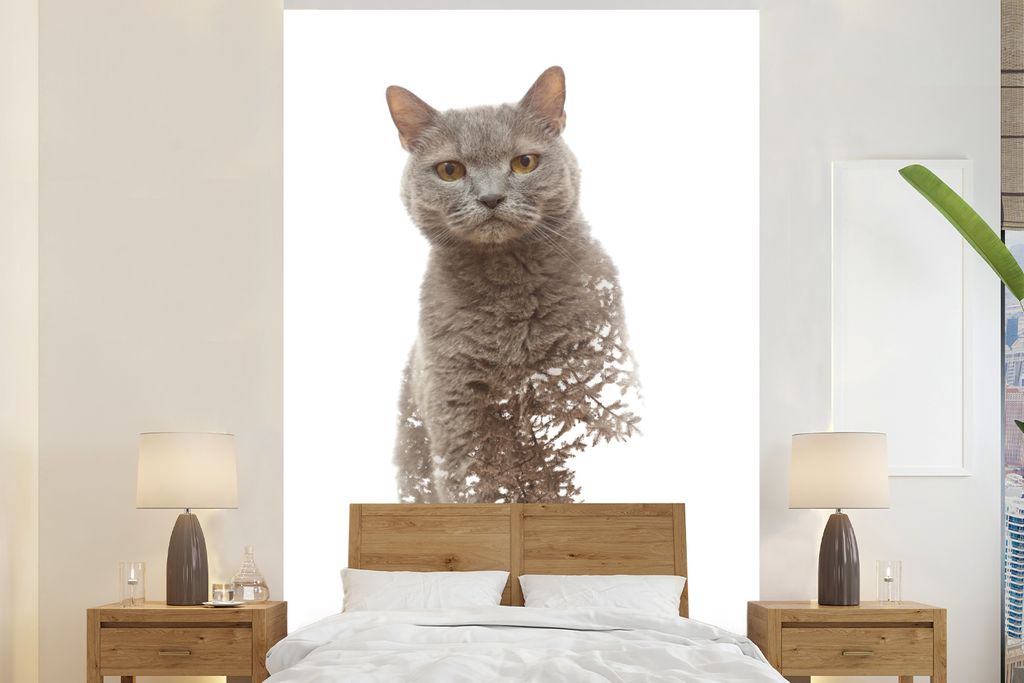 MuchoWow Fototapete für Wohnzimmer oder Schlafzimmer Wandtapete Vinyl Motivtapete Katze - Zweig - Grau - 160x240 cm - Vinyltapete