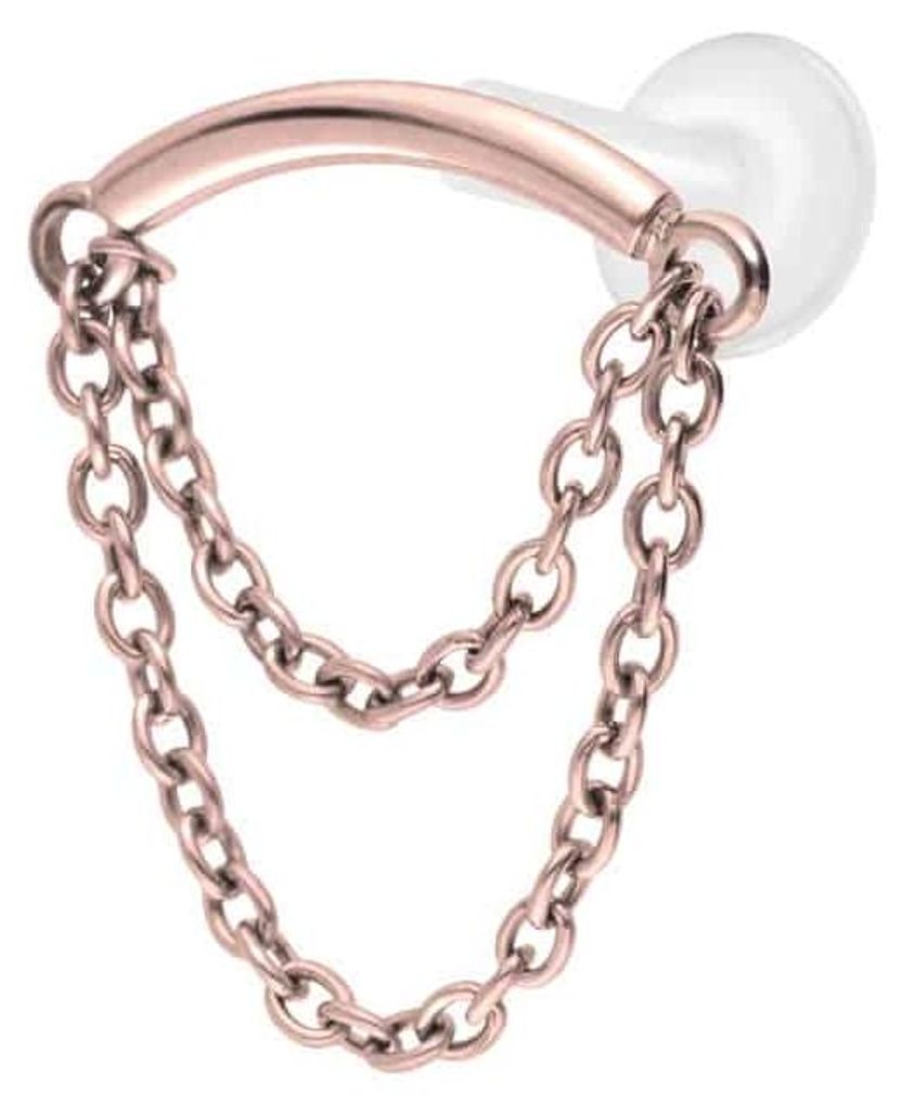 Ohrpiercing, Nasenpiercing PTFE Labret mit Innengewinde + Titan-Aufsatz BOGEN + 2 KETTEN RoséGold Stablänge: 6mm | Stabstärke: 1,6mm