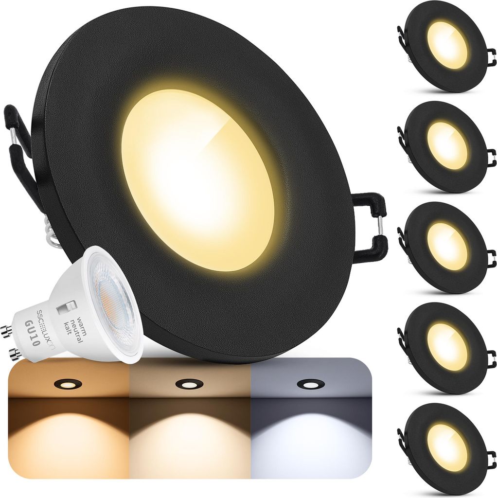 SSC-LUXon 6x BEDA Einbaustrahler LED schwarz - Deckenleuchte IP65 für Innen & Außen mit GU10 Lampe 5W - 3CCT drei einstellbare Lichtfarben