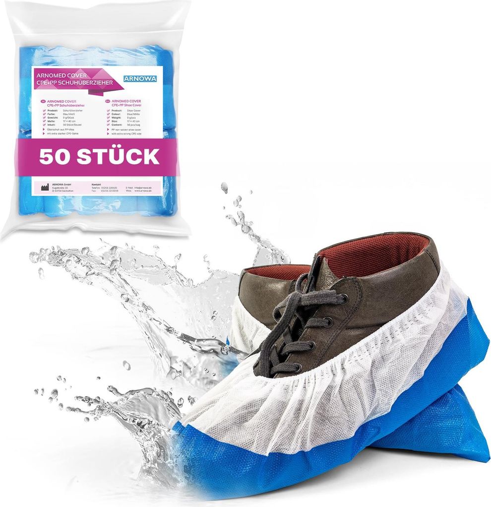 A package of shoe covers is shown next to a pair of shoes with shoe covers on, with water splashing around the shoes.