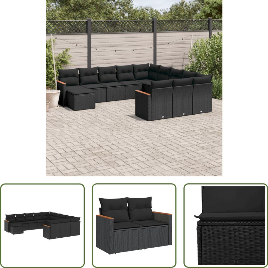 The Living Store 12-tlg. Garten-Sofagarnitur mit Kissen Schwarz Poly Rattan