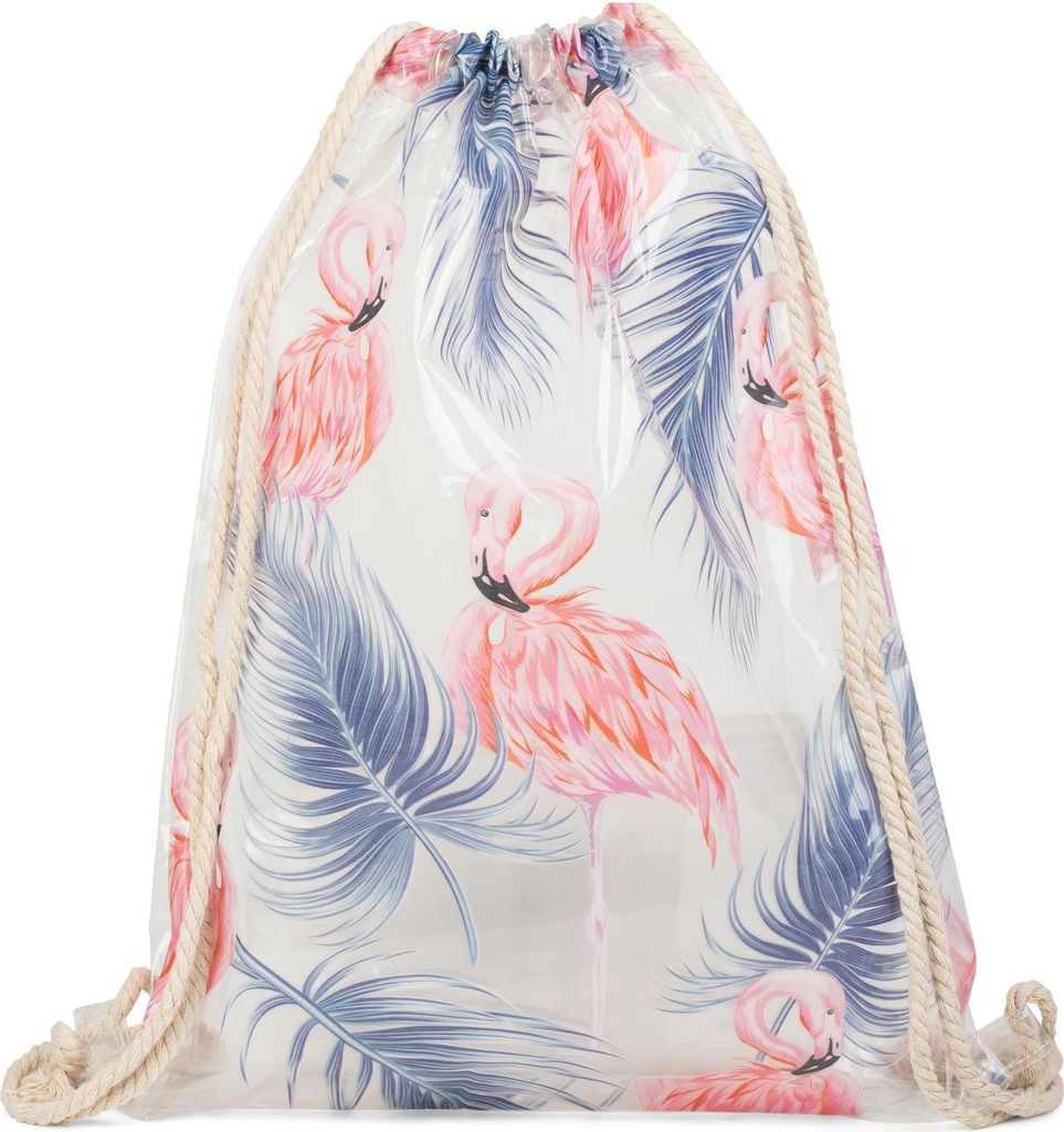 styleBREAKER transparenter Turnbeutel mit Flamingo und Palmen Print, wasserabweisend, Sportbeutel, Rucksack, Beutel, Uni 02012250