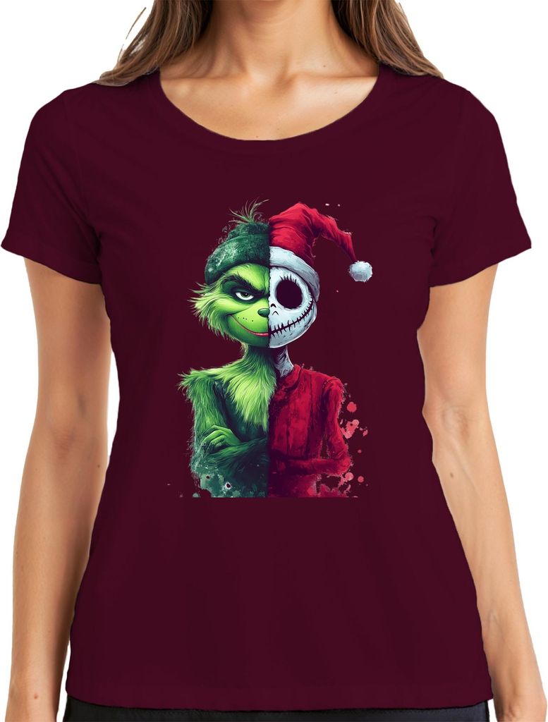 Grinch Jack Skellington Weihnachten Crossover gruselig Vintage Damen T-Shirt, Burgundy, S