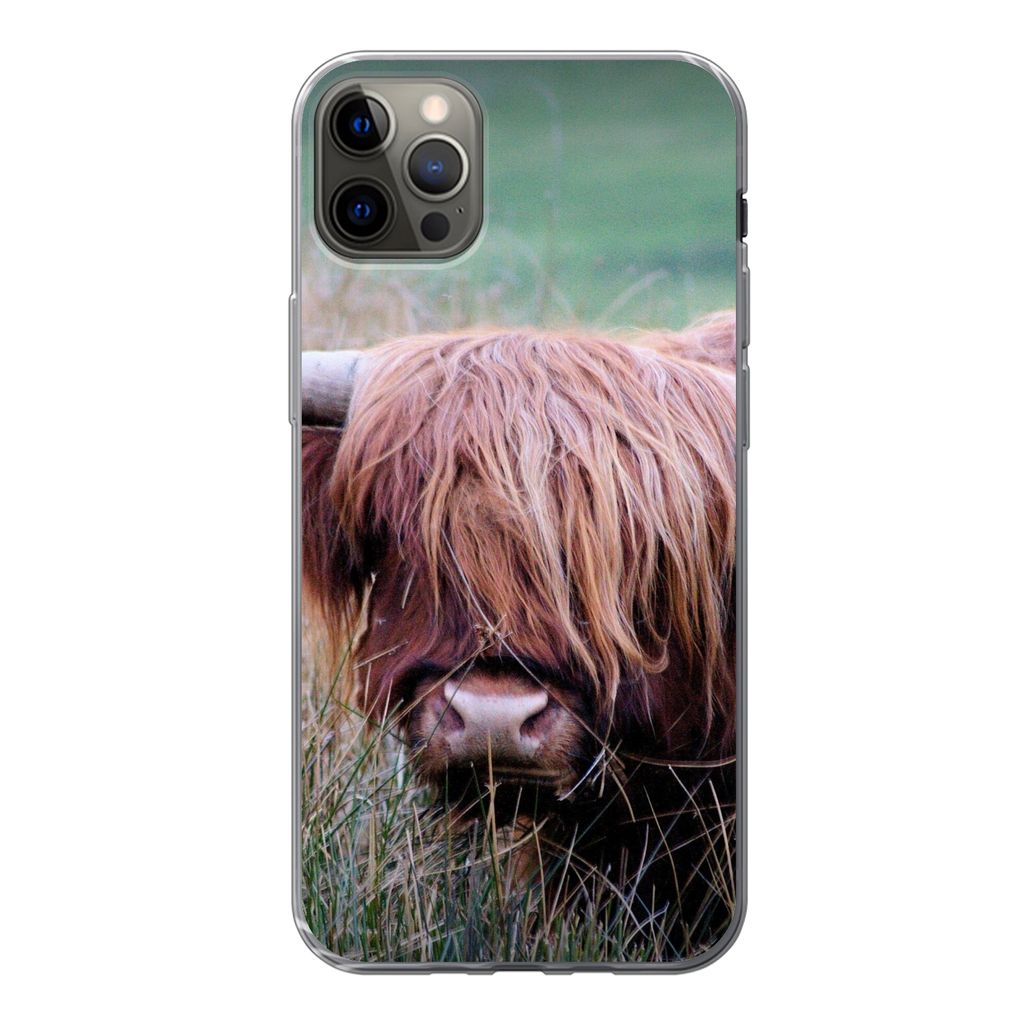 MuchoWow Handyhülle Schutzhülle Hülle für iPhone 12 Pro Max Schottischer Highlander - Hörner - Gras Silikon Softcase Handy Hülle - Hartschale