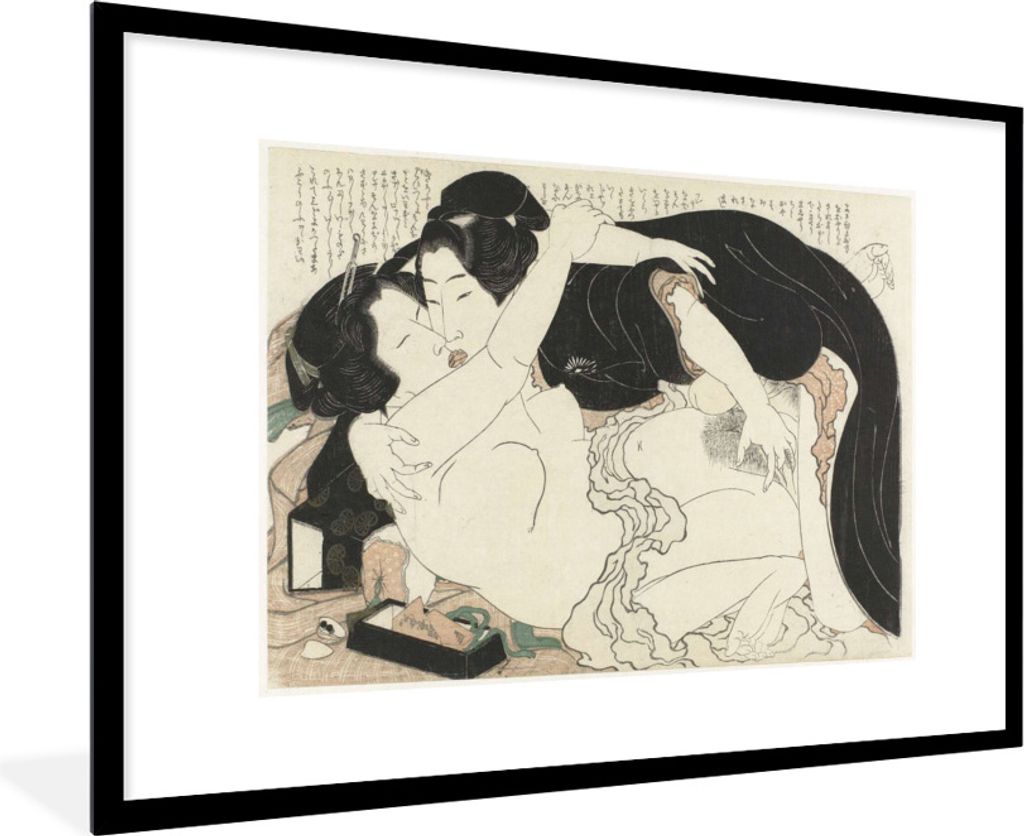 MuchoWow Gerahmtes Poster Witwe und junger Mann - Gemälde von Katsushika Hokusai 90x60 cm - Poster mit Schwarzem Bilderrahmen Wandposter Rahmen ...
