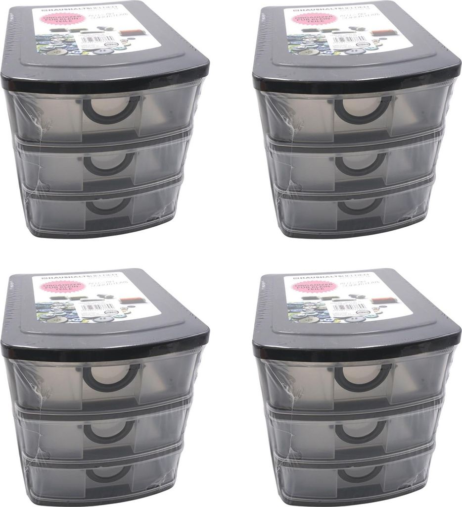 4er Set Schubladenbox Kunststoff 19 x 14,5 x 16 cm 3 Schubladen Organizer Stapelbar Sortierbox Kleinteilebox